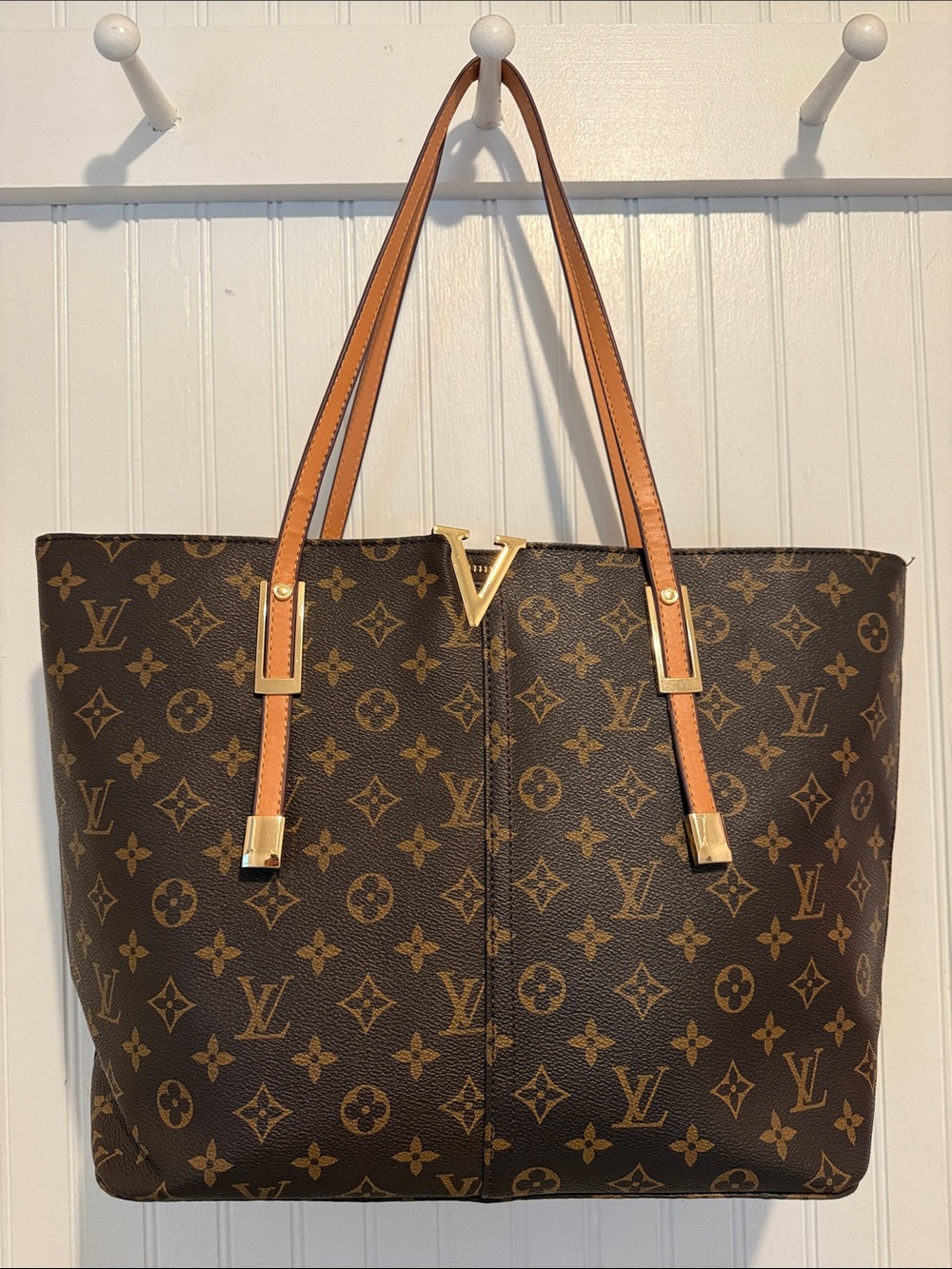 Monogram Canvas Tote with Tan Leather Straps and Gold Hardware